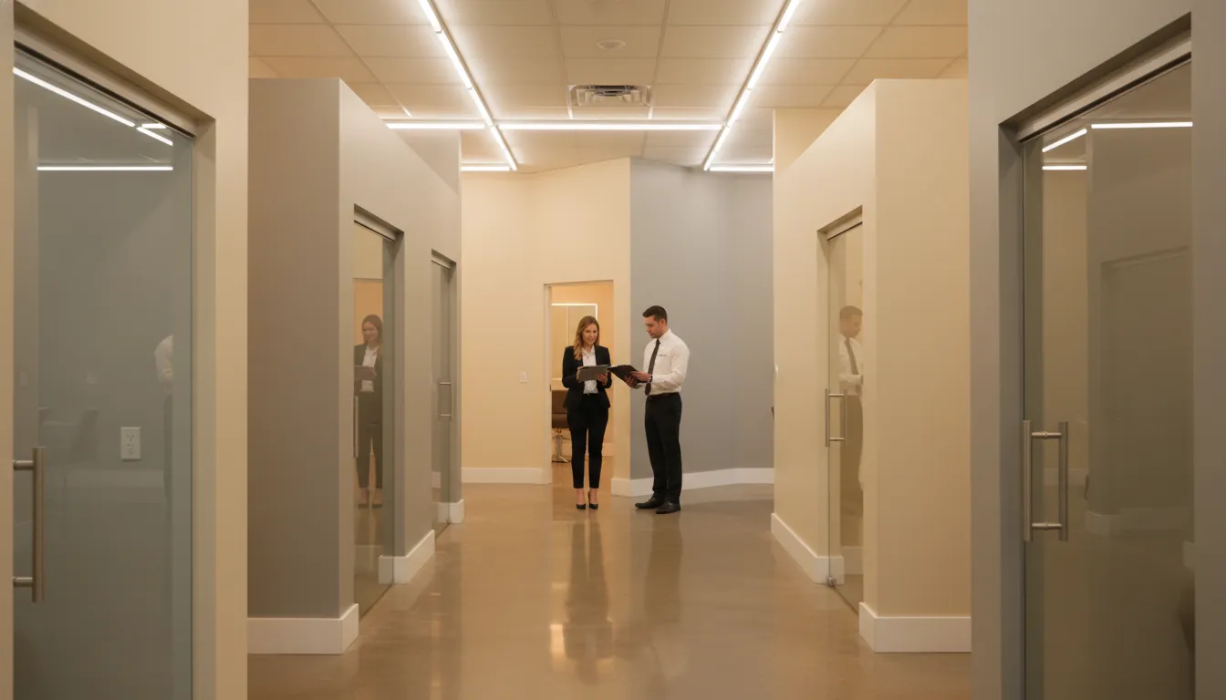 Investor reviewing a salon suite lease-up strategy during a premium location tour