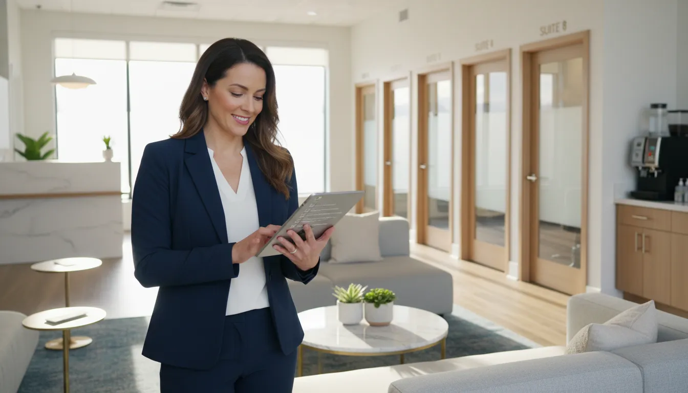 Salon suite concierge manager reviewing daily operations for investor oversight