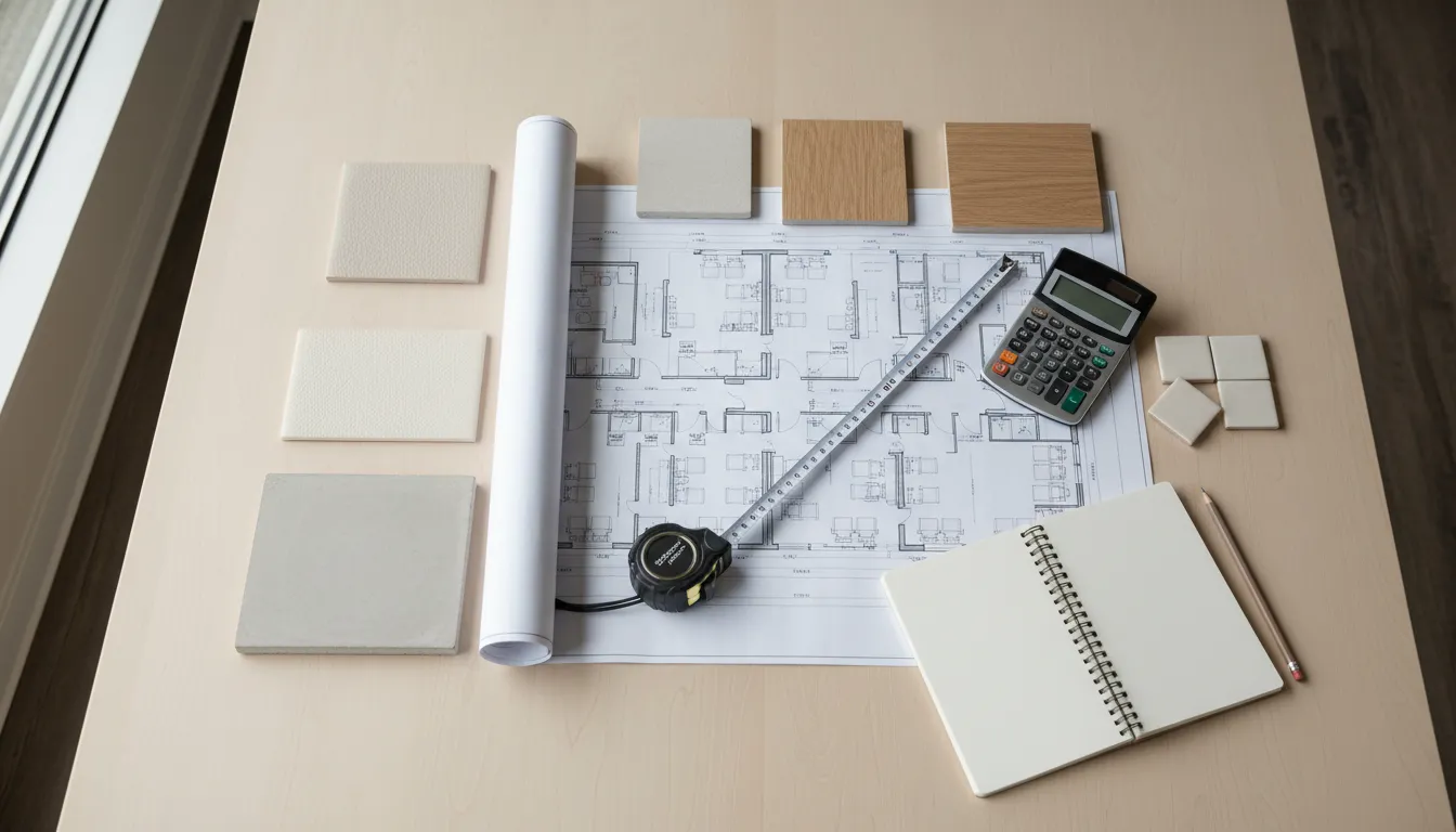 Floor plans and finish samples used for salon suite franchise build-out planning