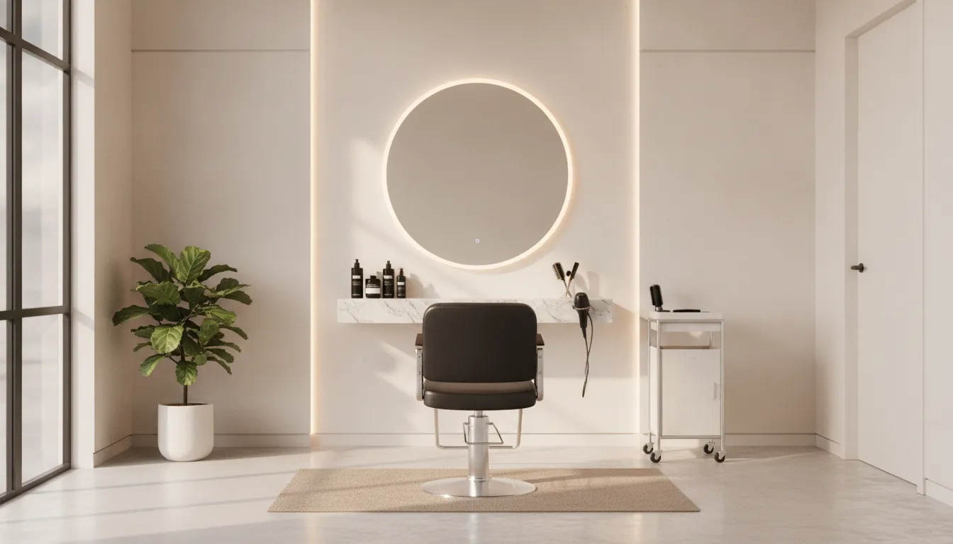 Modern salon suite interior with professional styling stations and natural lighting