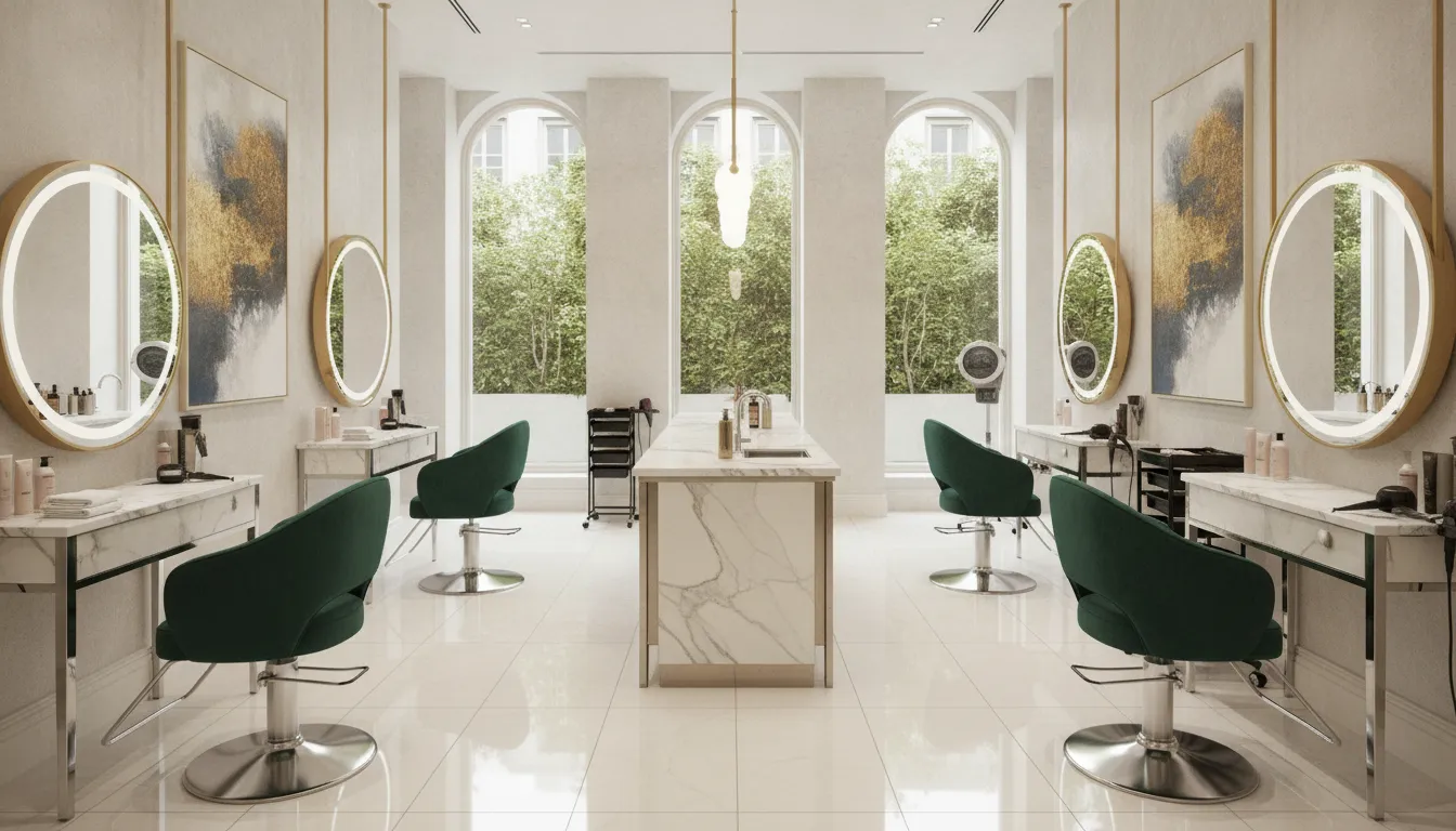 Luxury salon suite interior with premium styling stations and elegant furnishings