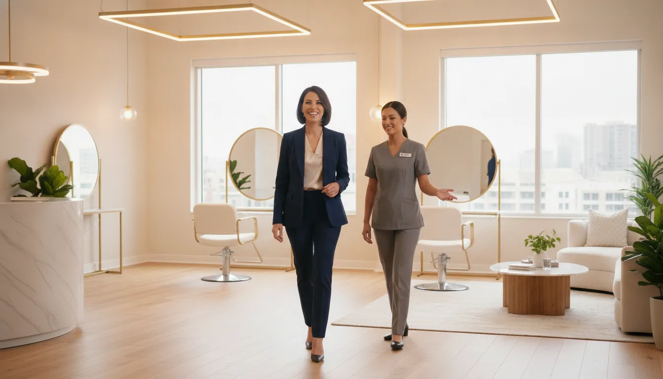 Female executive touring a modern salon suite with a concierge manager during a franchise discovery visit