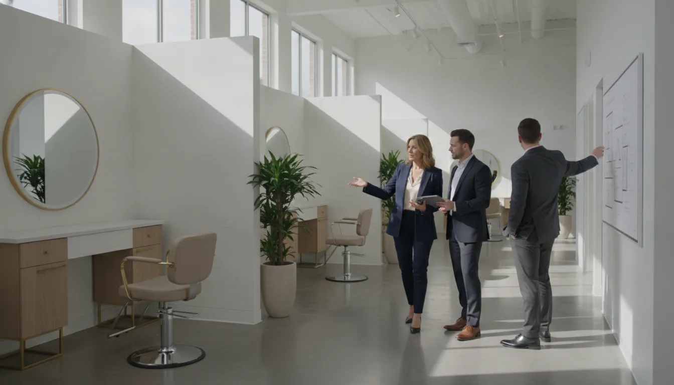 Prospective buyer inspecting an existing salon suite franchise location