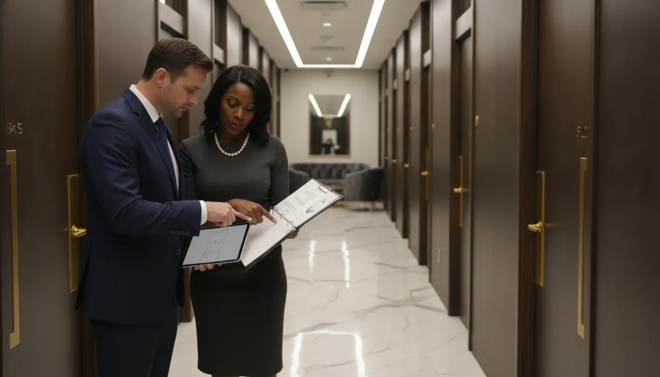Investor and concierge manager reviewing salon suite technology operations