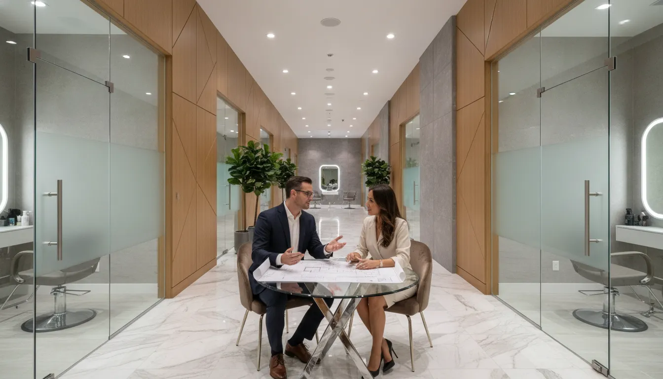 Investor and operations adviser reviewing salon suite franchise insurance requirements
