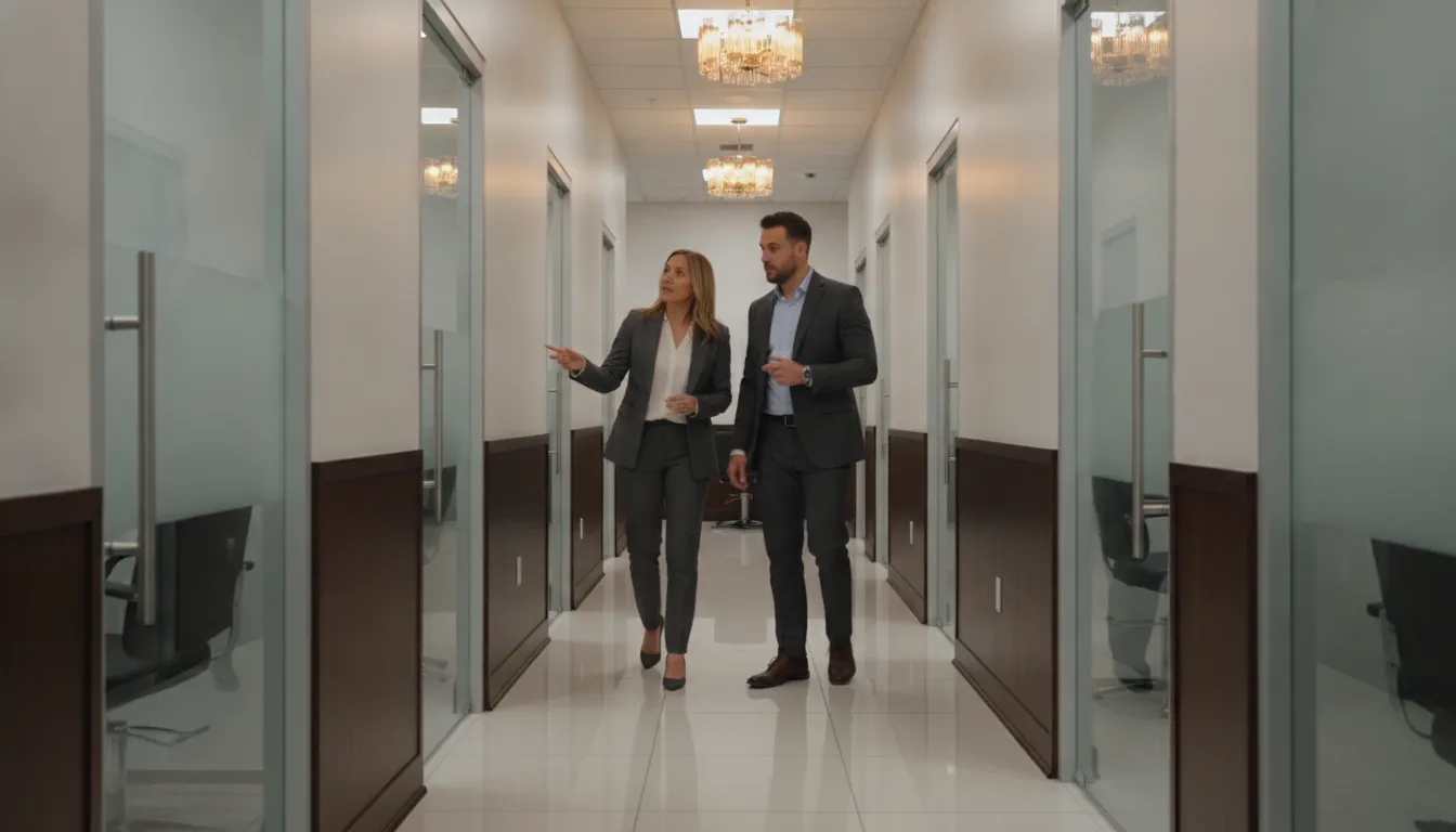 Buyer and advisor touring an existing salon suite franchise