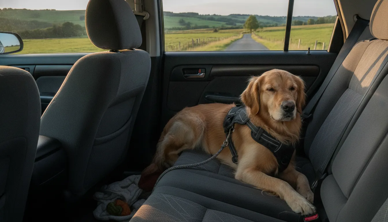 Dog secured in a crash-tested harness during a road trip