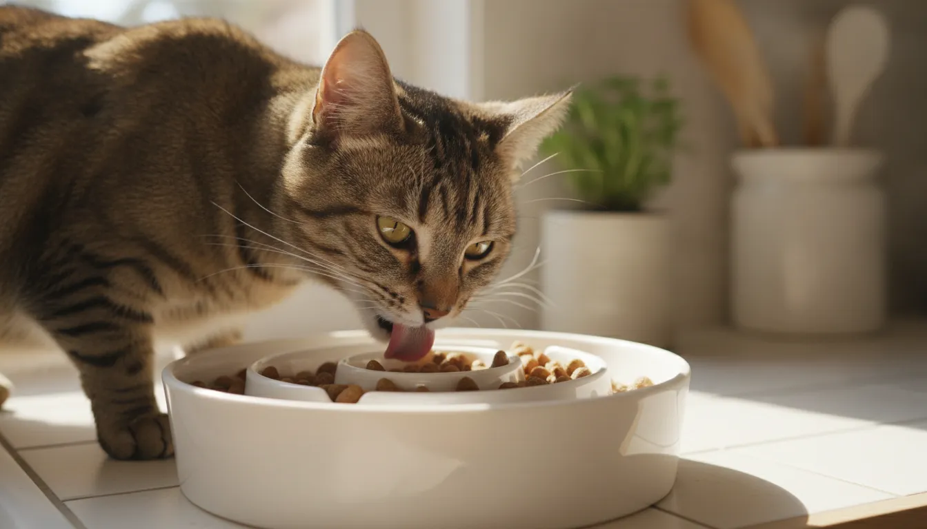Cat eating from a slow feeder bowl in a bright kitchen, healthy domestic shorthair