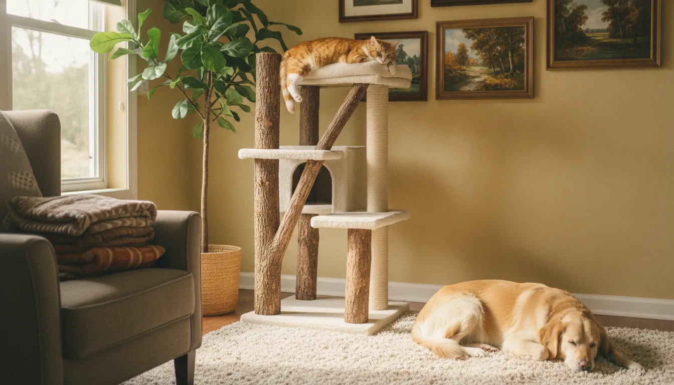 Cat tree and hiding spots ready for introducing a dog to a cat