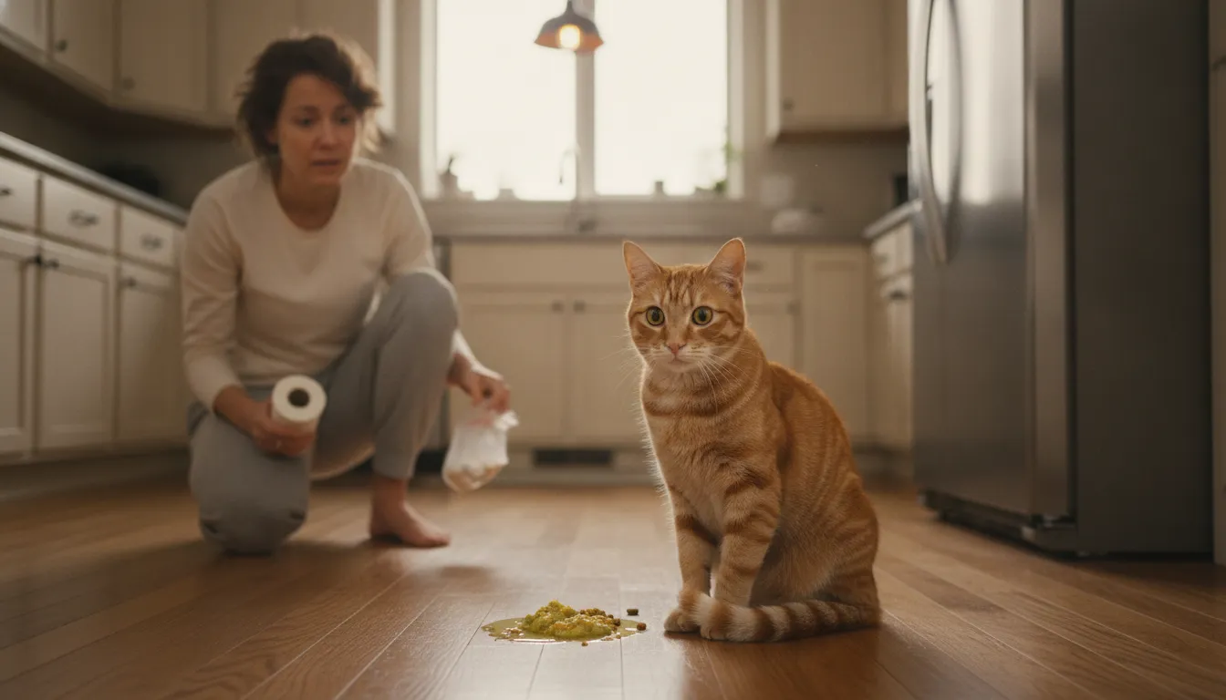 Ginger tabby cat on a kitchen floor after vomiting, concerned owner nearby
