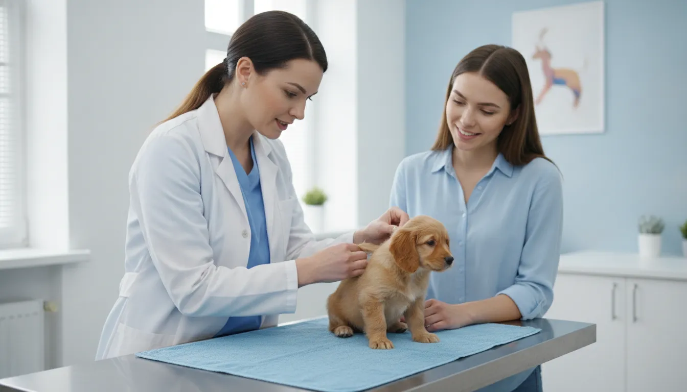 Veterinarian checking a small puppy for dehydration in a bright exam room