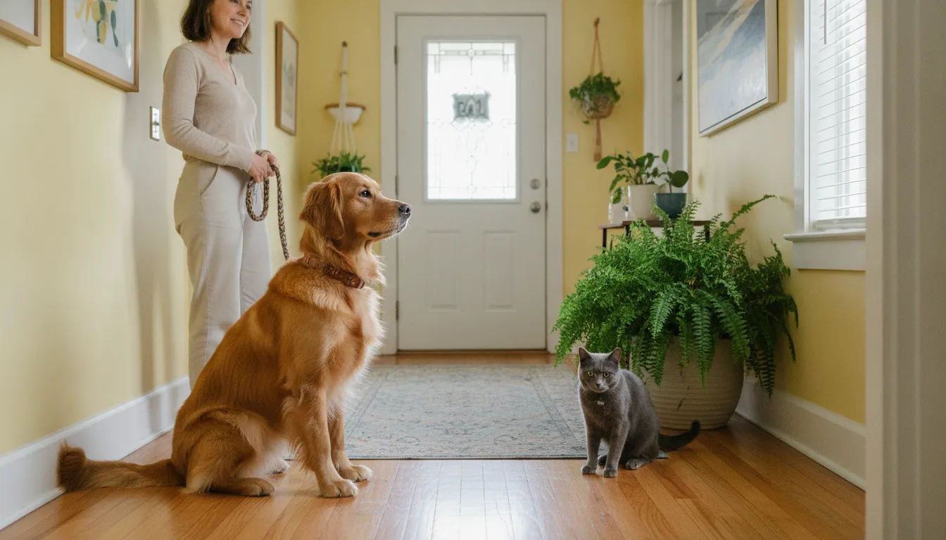 Dog on a leash calmly meeting a cat during supervised introduction