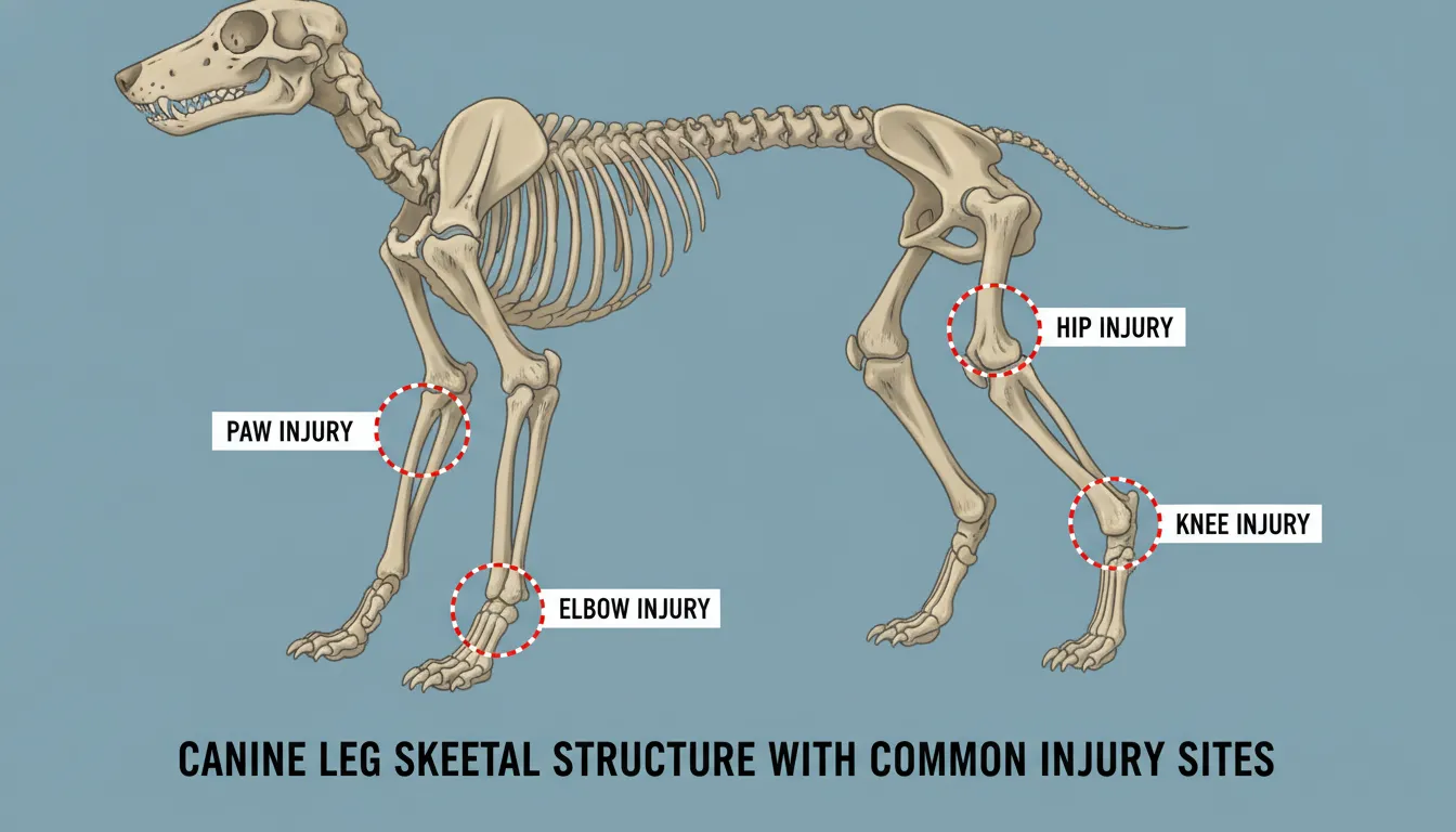 Diagram showing front leg and hind leg anatomy of a dog with highlighted injury areas including paw, elbow, hip, and knee