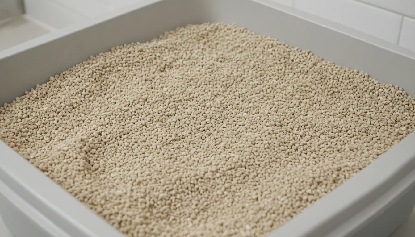 Cat litter box with fresh clumping litter in a clean home setting