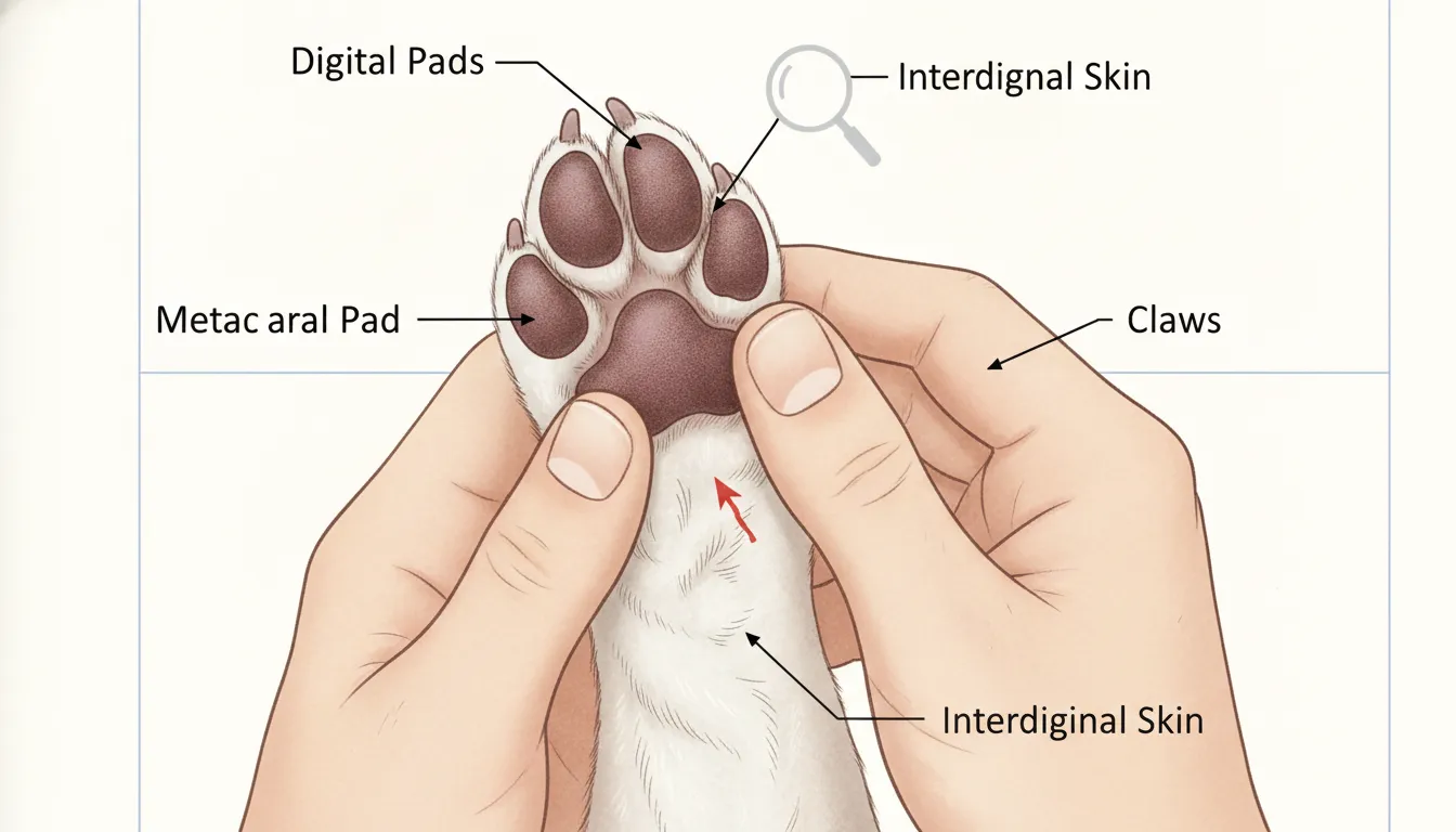 A close-up view of a dog paw being gently examined by a person, showing the paw pads and webbing between toes for injury inspection