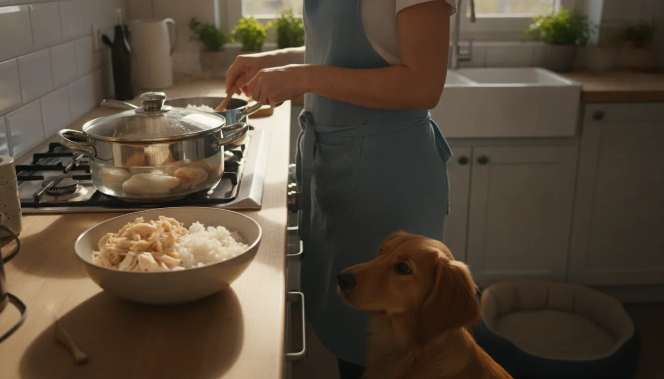 Owner boiling plain chicken and white rice to prepare a gentle bland diet for a puppy