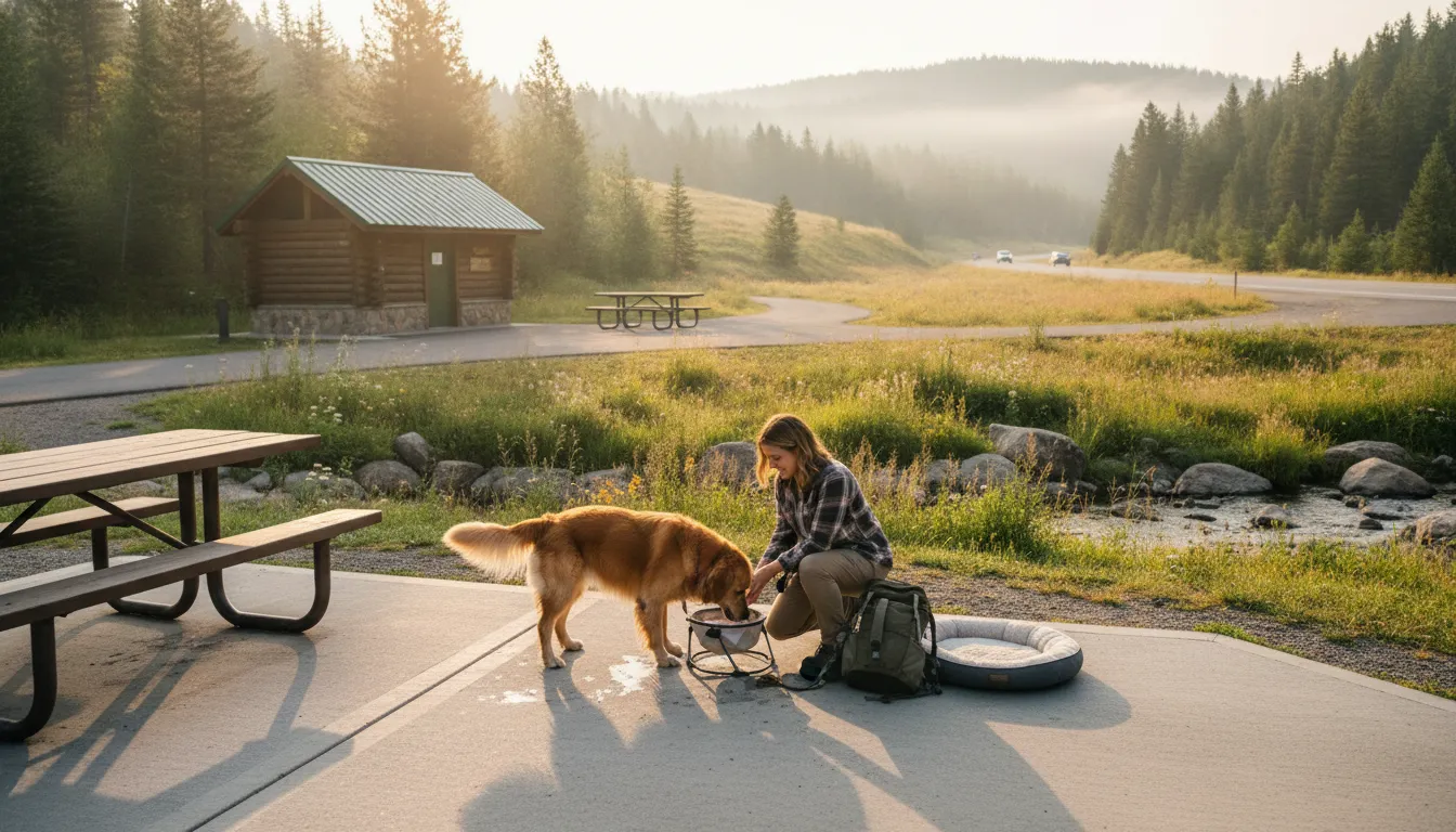 Traveler offering a water bowl to a relaxed dog at a pet-friendly rest stop