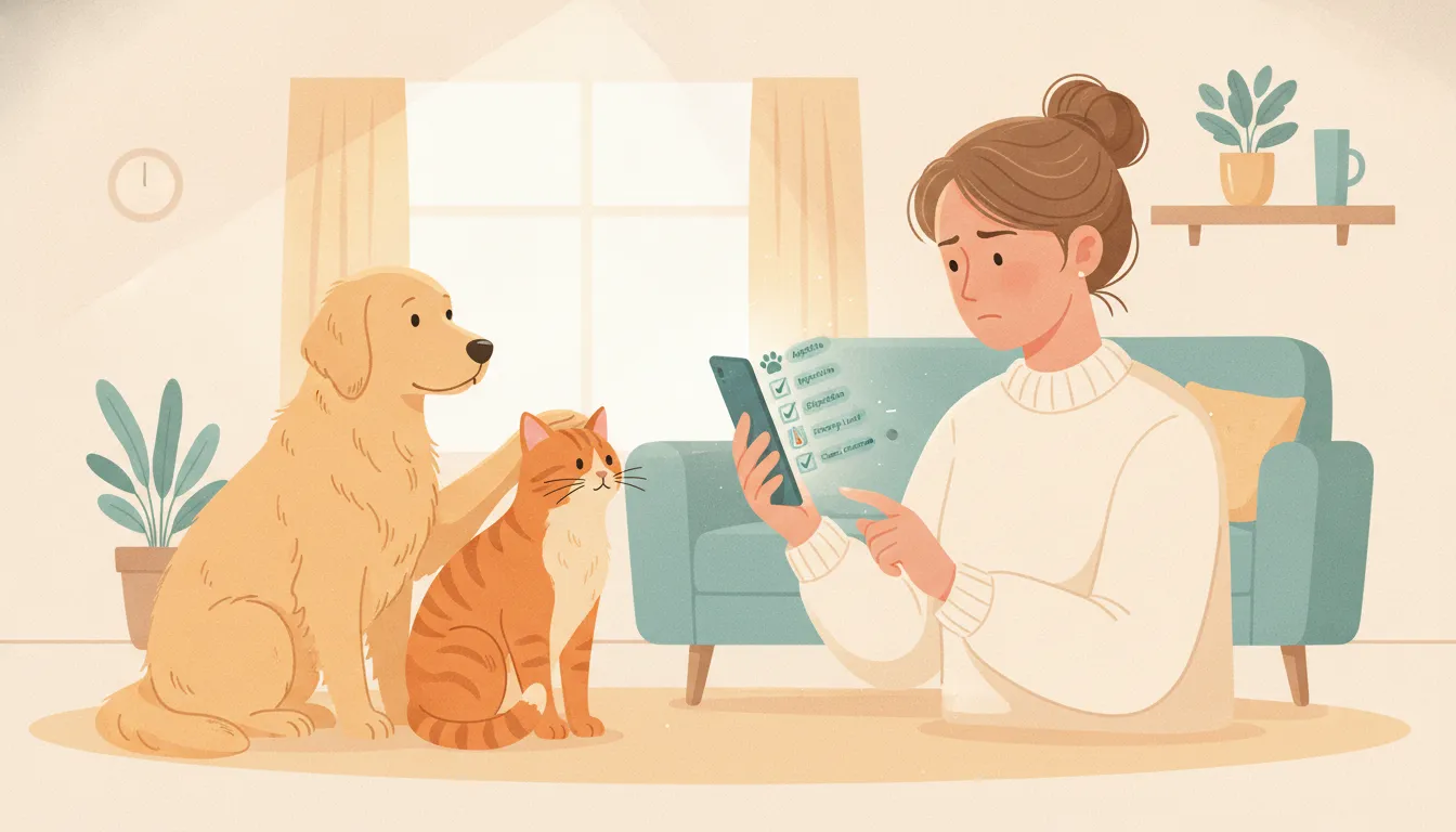 Pet symptom checker guidance for a dog and cat on a phone