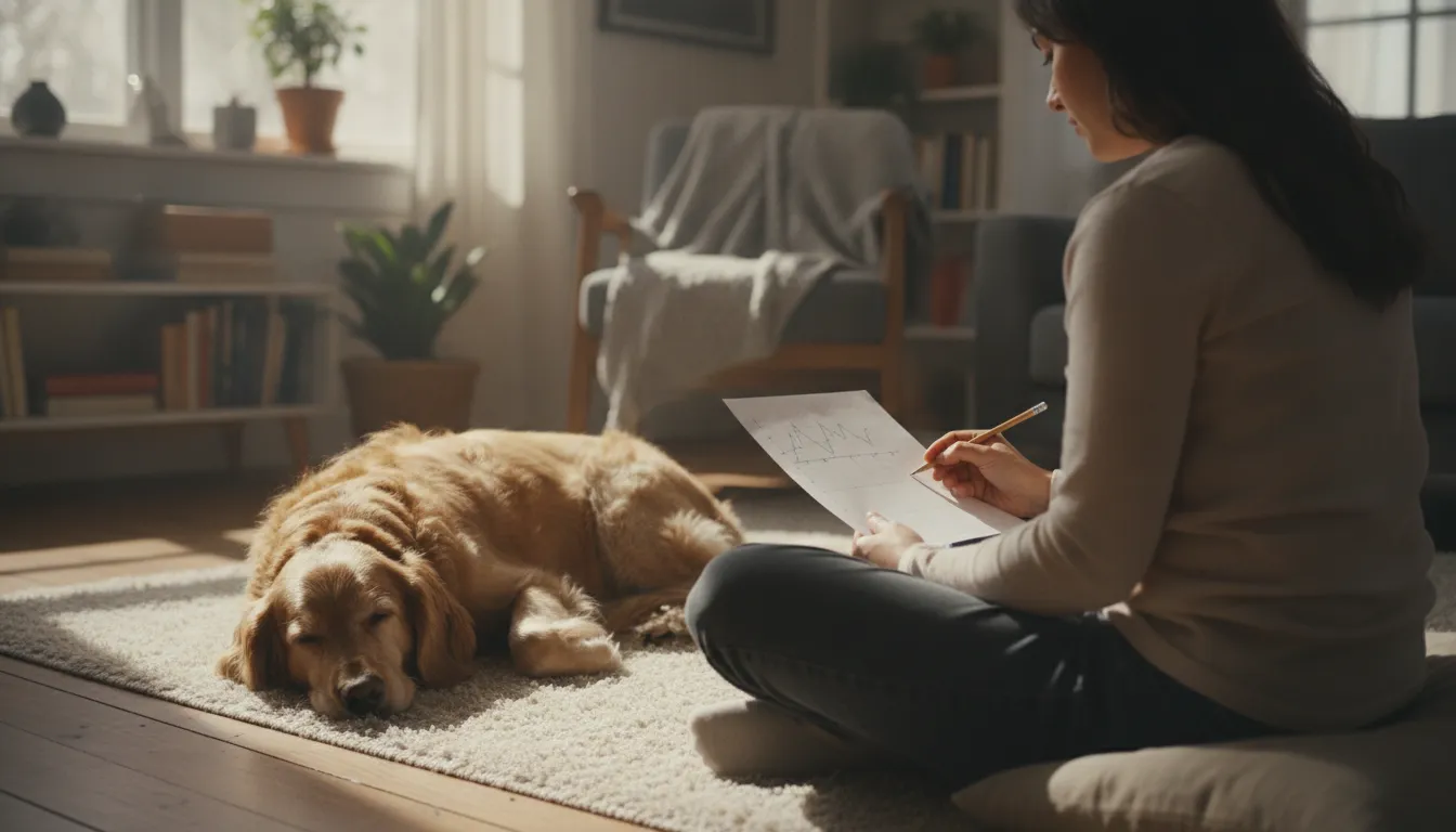 Owner recording dog diarrhea symptoms and behavior changes