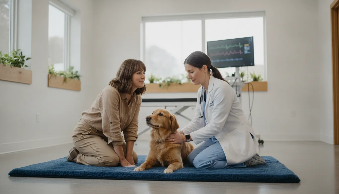 Veterinarian examining a dog with diarrhea warning signs