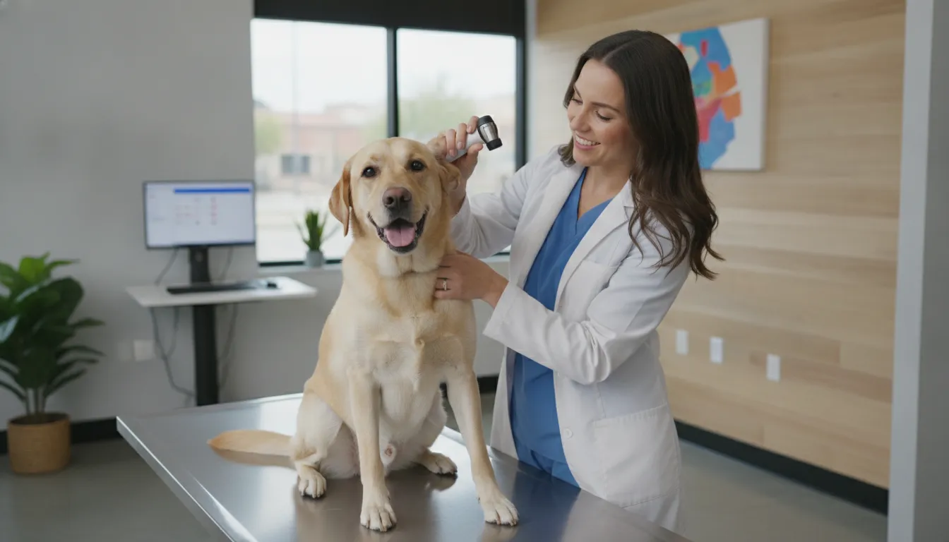 A veterinarian gently examining a happy labrador retriever dog's ears and paws in a veterinary clinic
