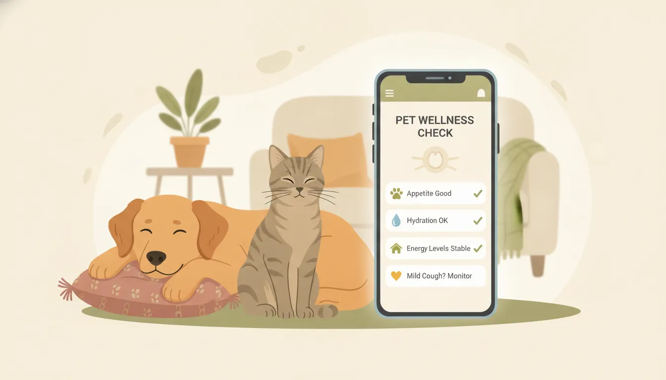 Dog and cat beside a smartphone using a pet symptom checker