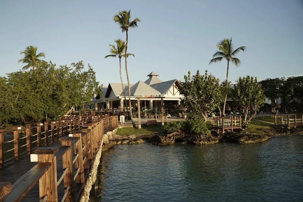 Aerial view of waterfront properties and docks on a Florida barrier island