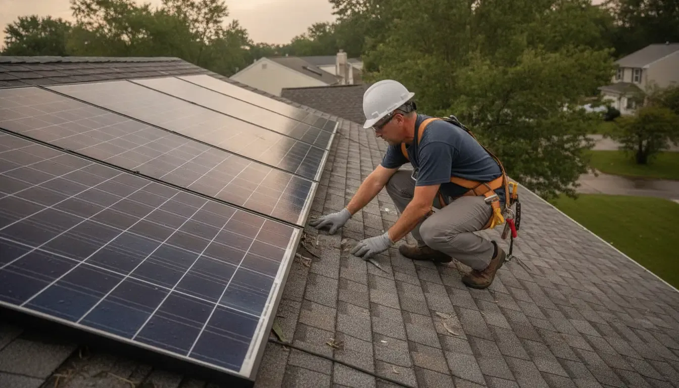 Roofing professional inspecting shingles beside a rooftop solar array after a storm