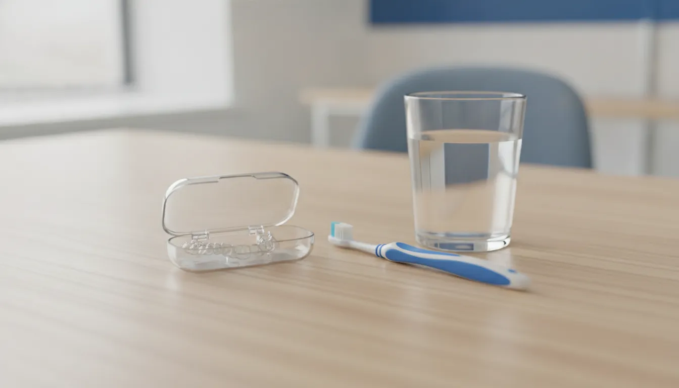 Clear aligner case and travel toothbrush on an office desk at lunch