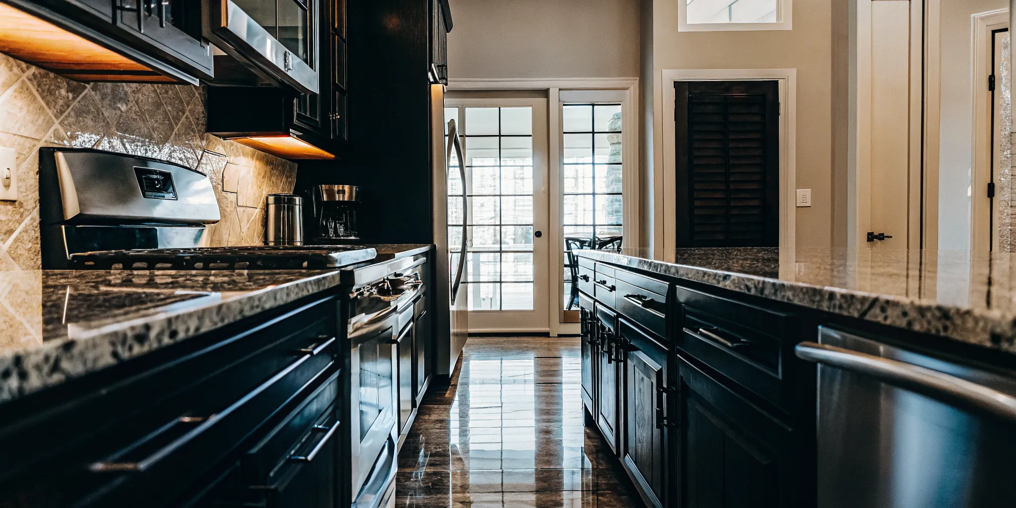 Beautiful newly renovated residential home kitchen with modern cabinets and stainless steel appliances