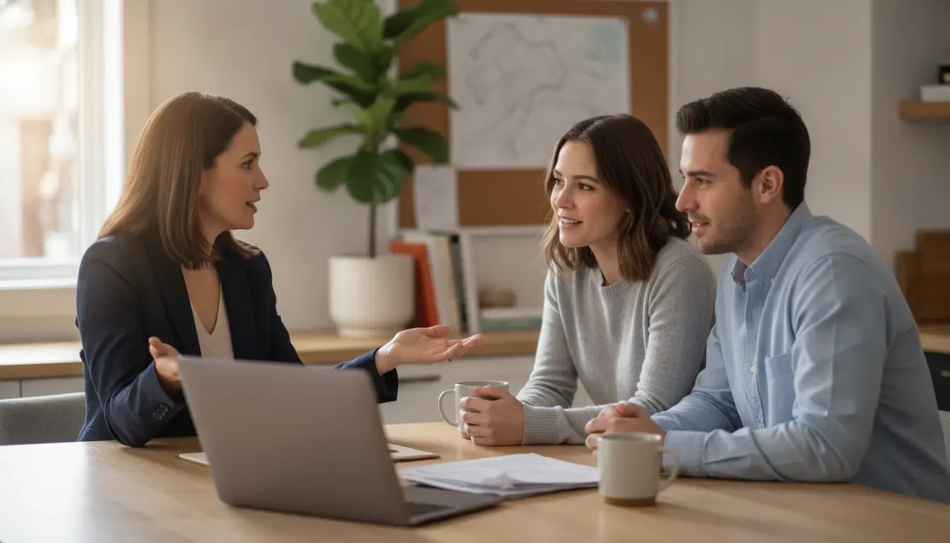 Mortgage loan officer explaining the pre-qualification process to first-time homebuyers