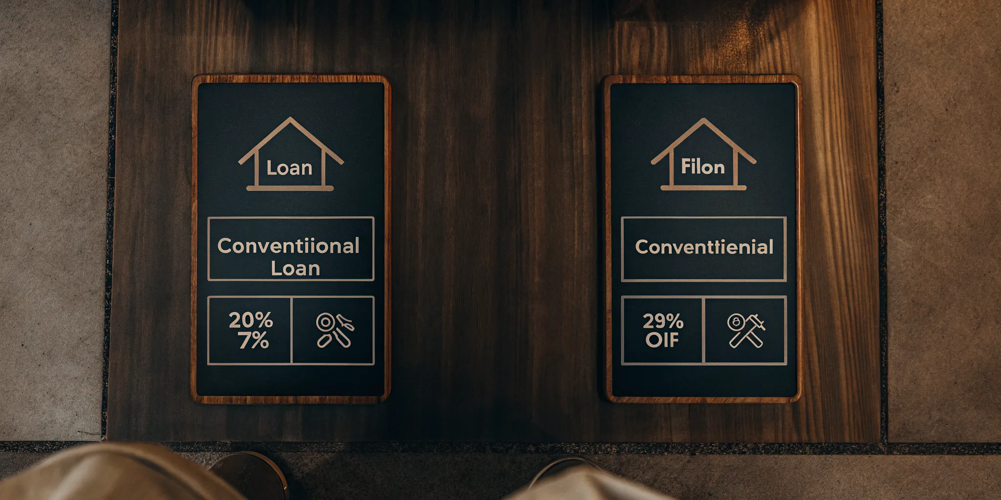 Side-by-side comparison chart showing FHA loan and conventional loan down payment requirements and credit score minimums