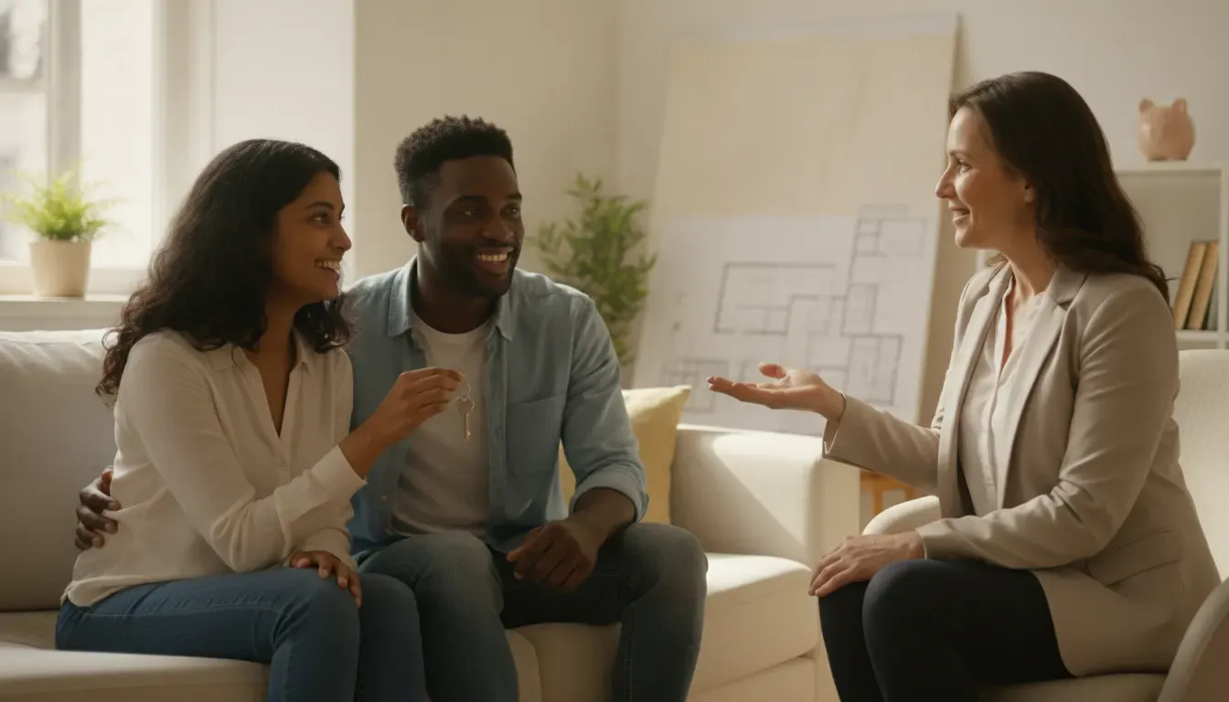 First-time homebuyers discussing down payment assistance with a mortgage loan officer