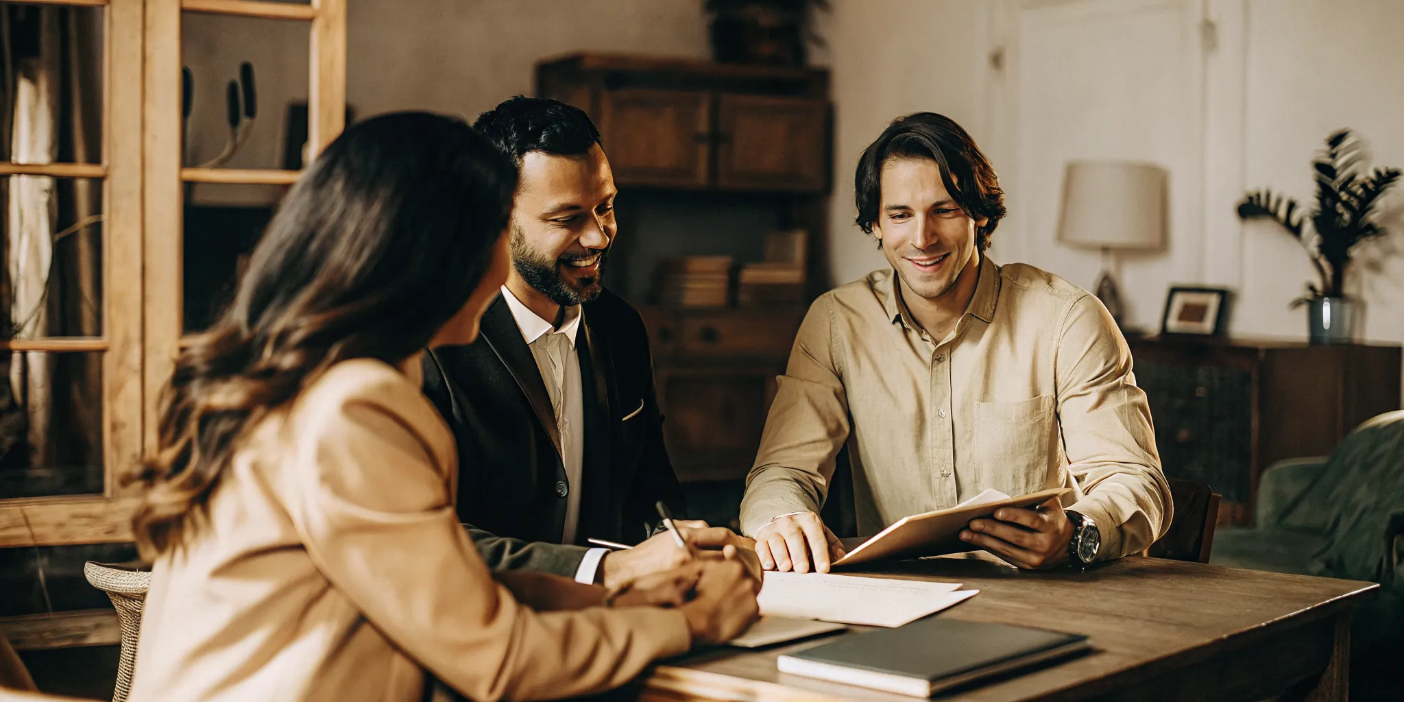 Mortgage loan officer meeting with homebuyers at a desk reviewing paperwork