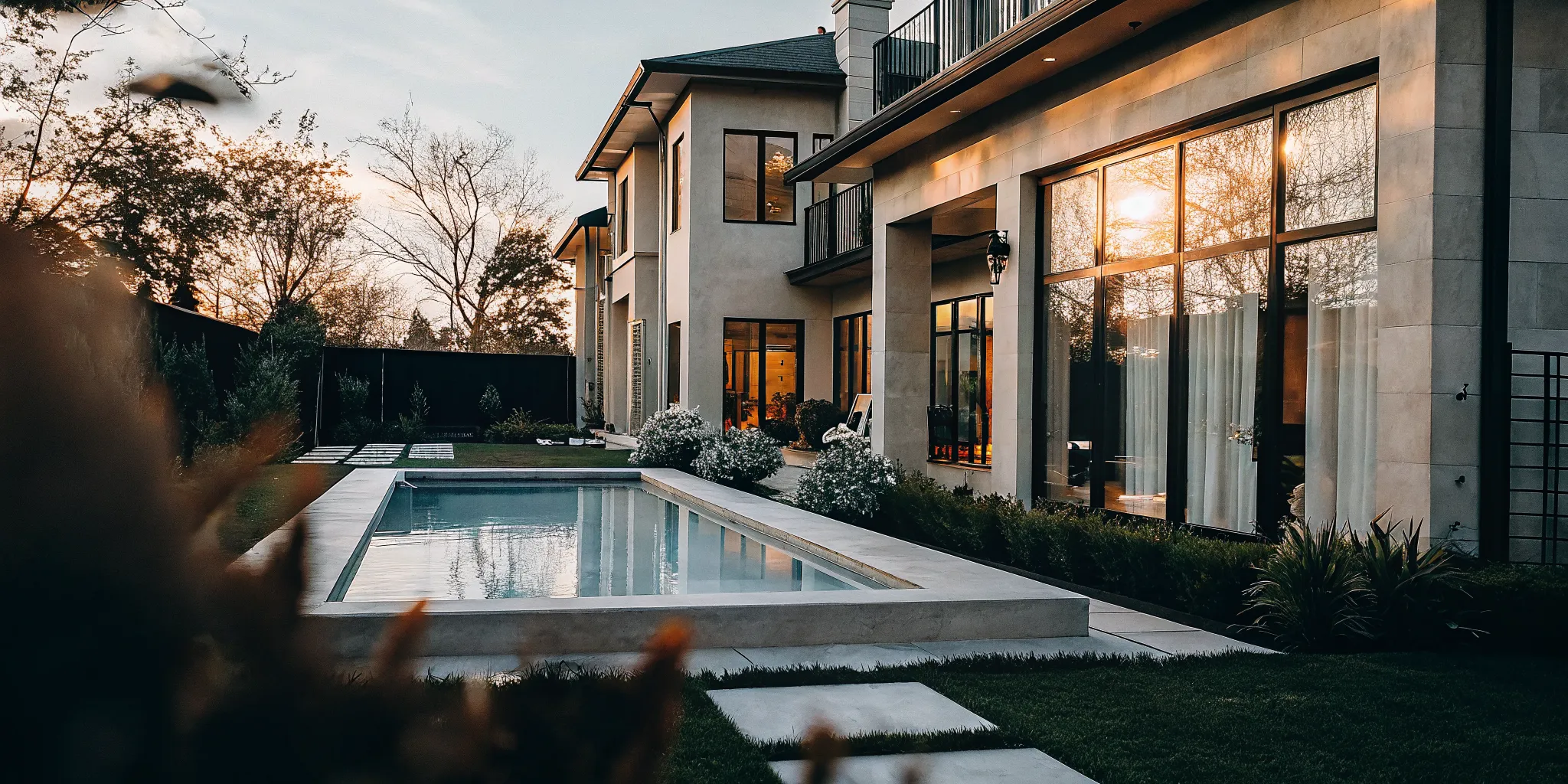 Modern luxury home in Texas with pool and professional landscaping during sunset