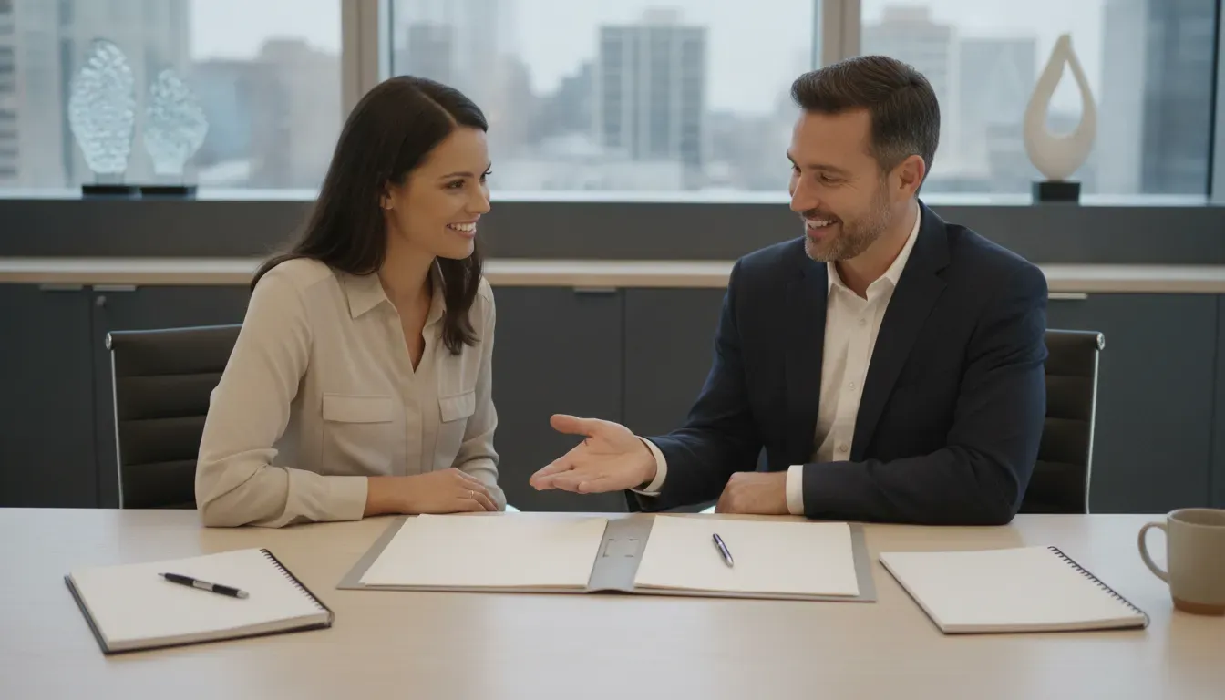 Mortgage loan officer comparing home loan options with a homebuyer couple at a desk