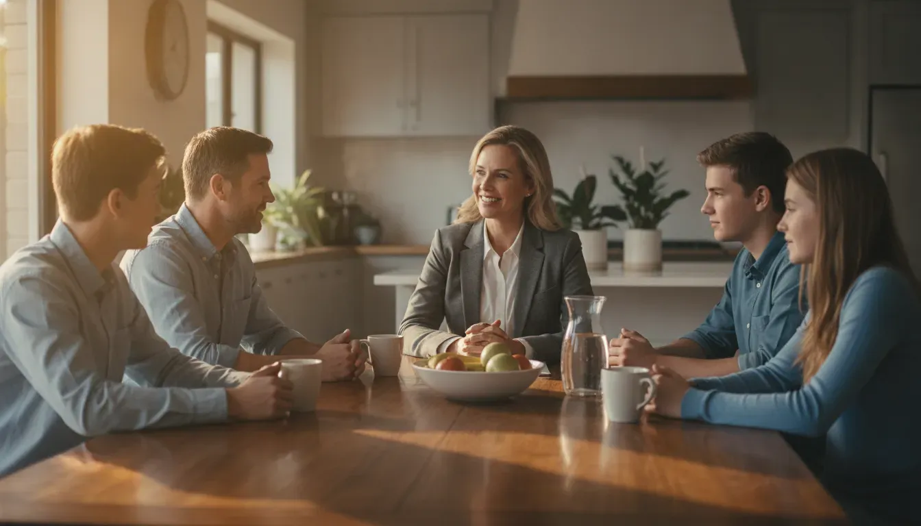 Family discussing mortgage options with a loan officer in warm home light
