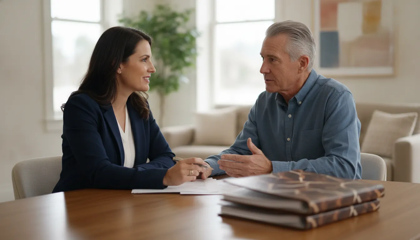 Veteran homeowner discussing a VA IRRRL with a mortgage advisor