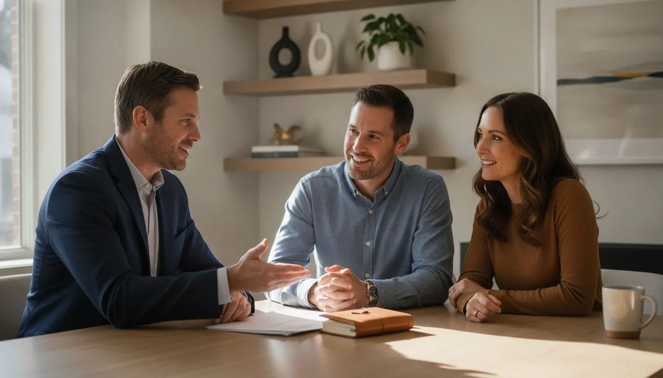 Homeowners discussing current mortgage refinance rates with a loan officer