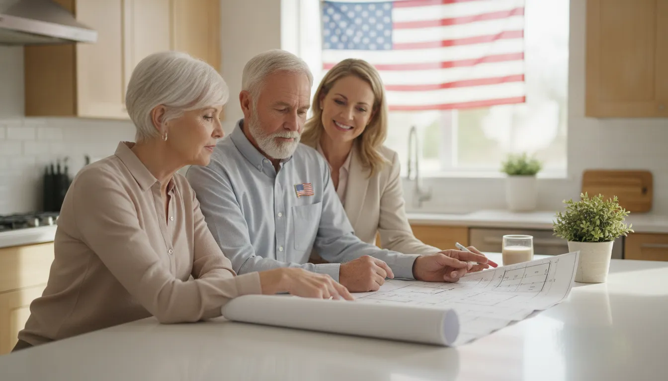 Veteran couple reviewing home loan paperwork with a mortgage loan officer
