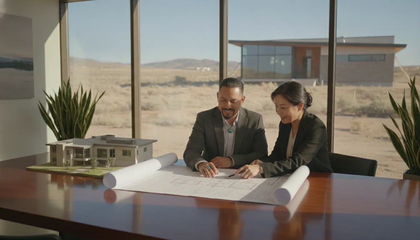 Native American Veteran couple reviewing home plans with a mortgage loan officer
