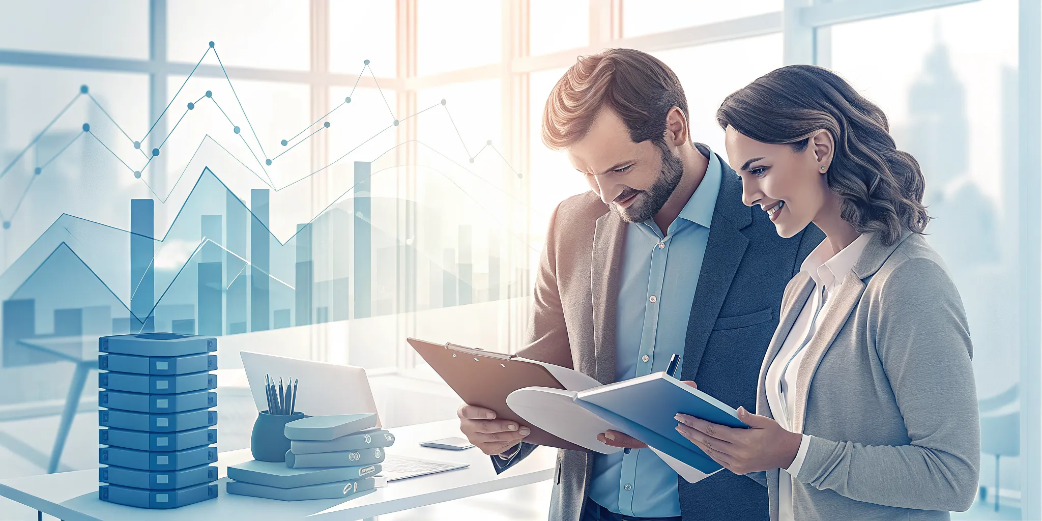 A B2B marketing lead and a journalist reviewing a survey report together in a bright modern office