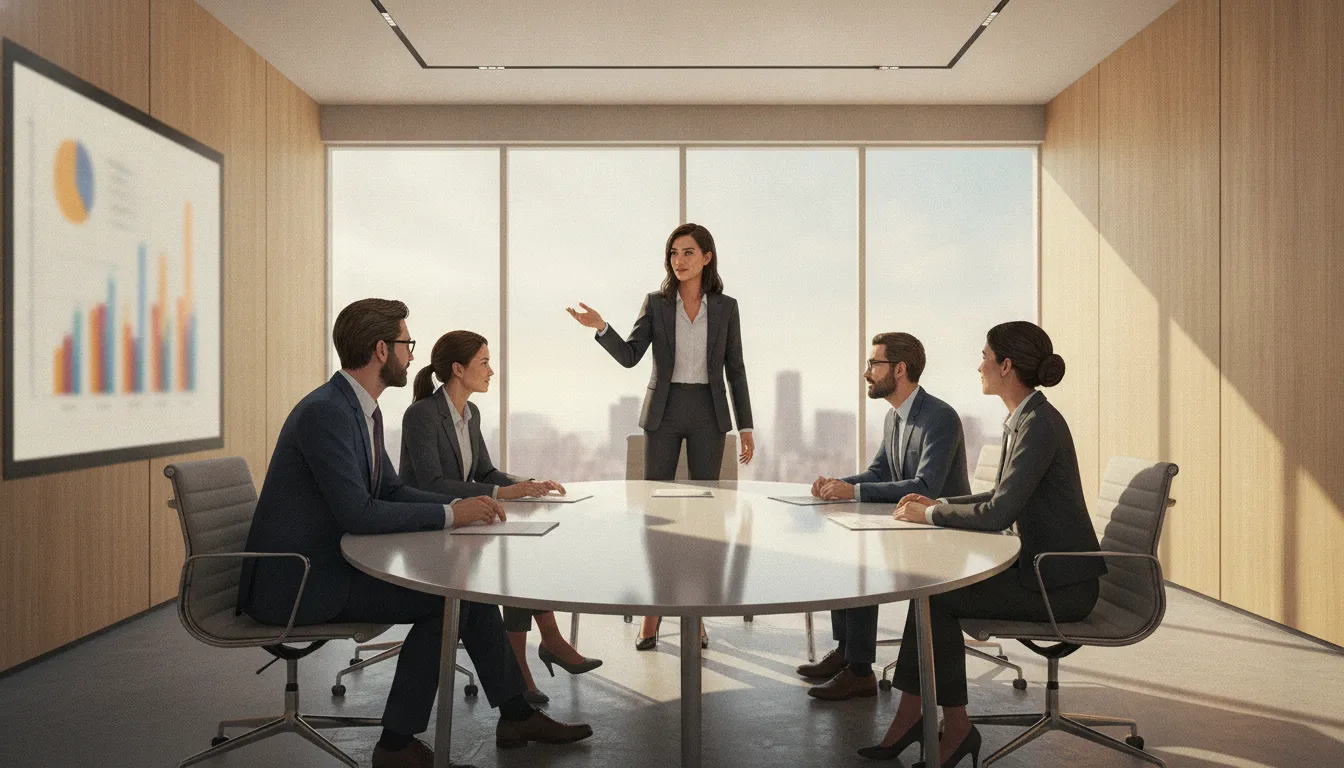 B2B marketing leadership team reviewing survey results in a modern boardroom