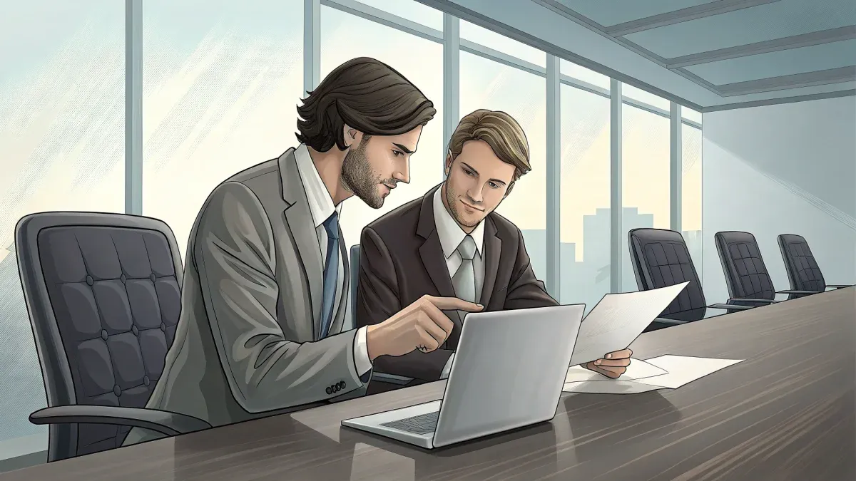 Two B2B marketing professionals comparing research firm proposals