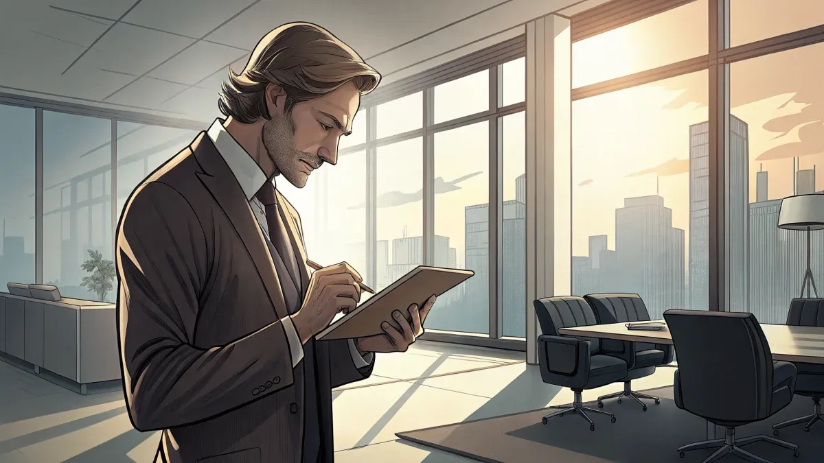 Business executive reviewing survey data on a tablet in a modern office