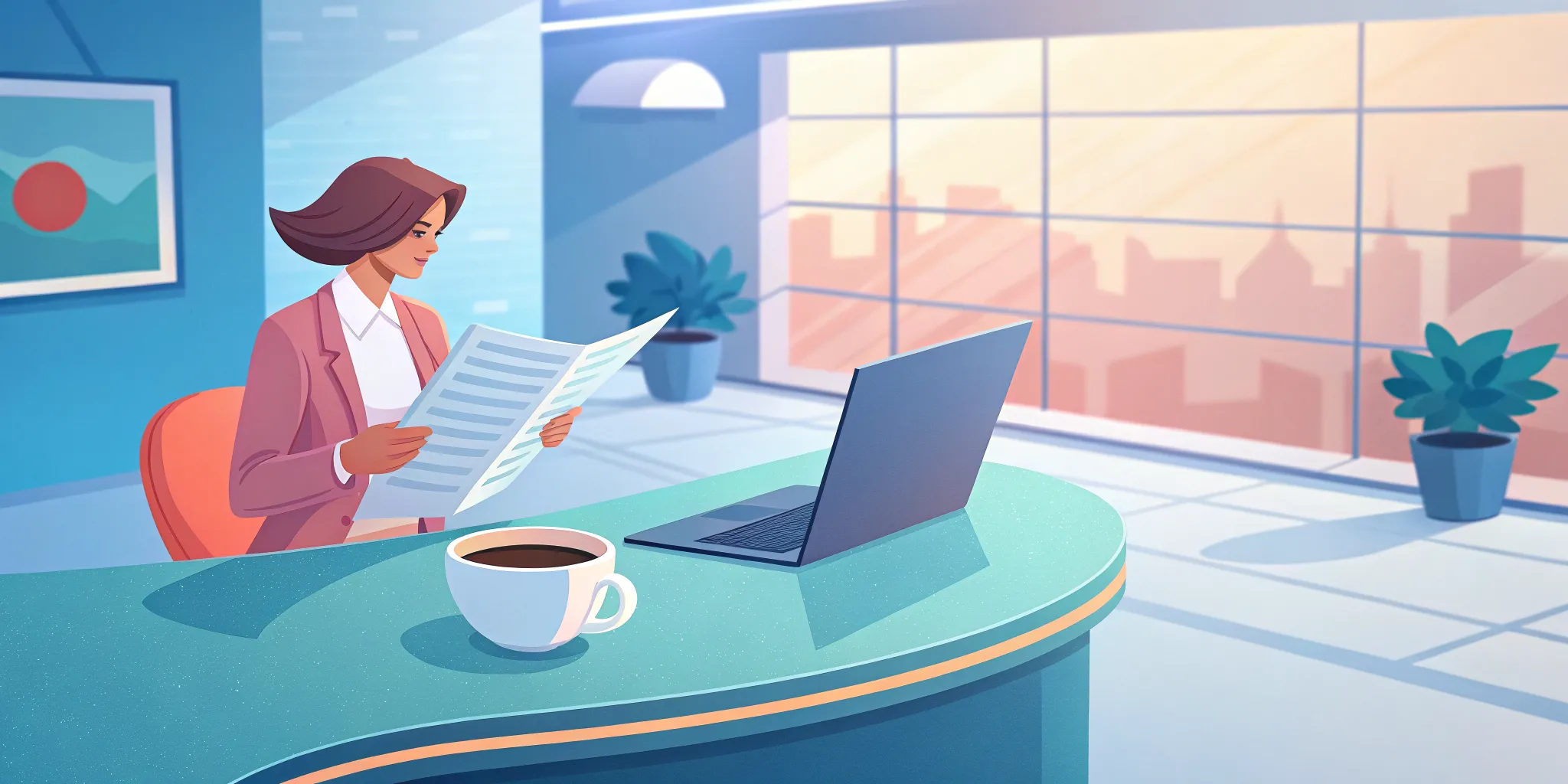 A journalist reviewing interview notes at a bright modern newsroom desk with a laptop and coffee