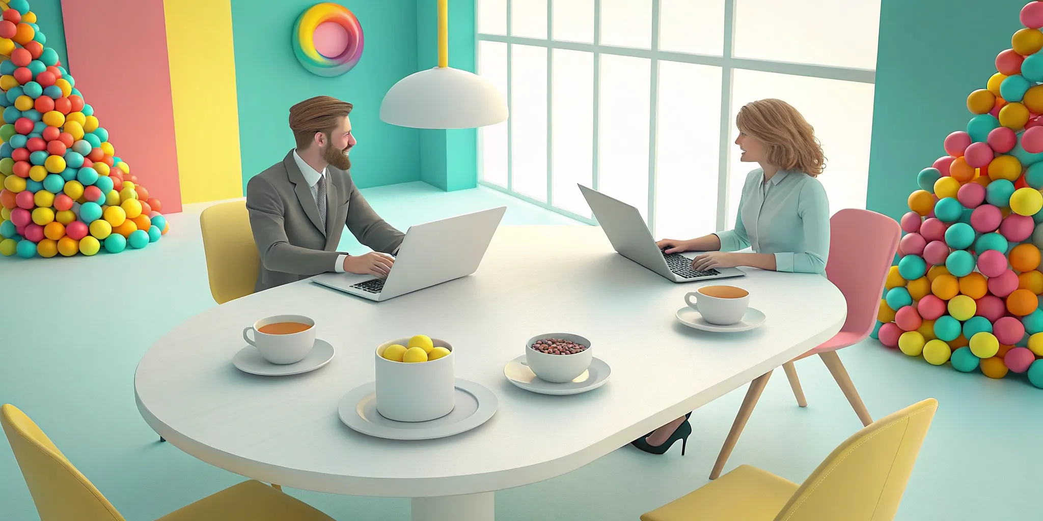 Two B2B marketing strategists planning survey questions at a bright modern table with laptops and coffee