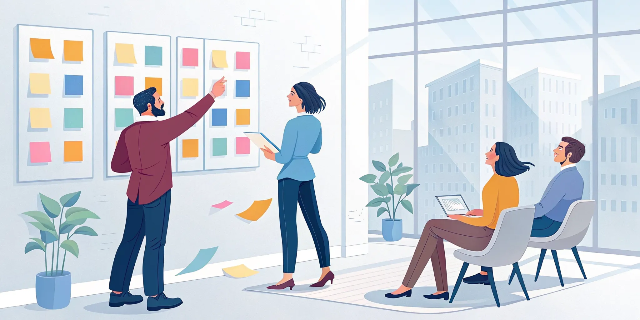 Marketing strategist and B2B executives reviewing survey insight cards in a modern office