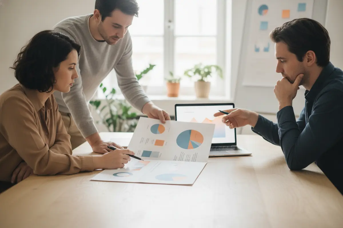 Marketing team discussing survey results in a one-time brand awareness report