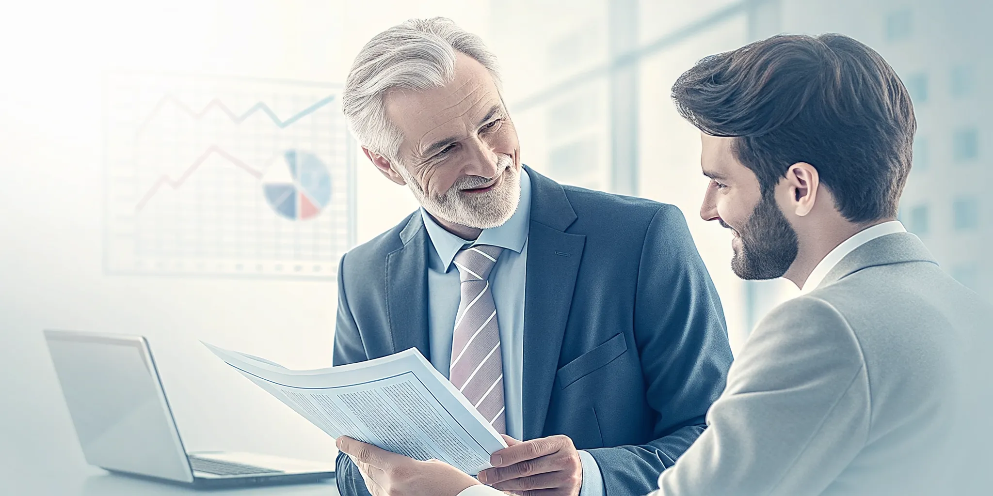 Two senior B2B marketing leaders reviewing survey insights in a bright modern office